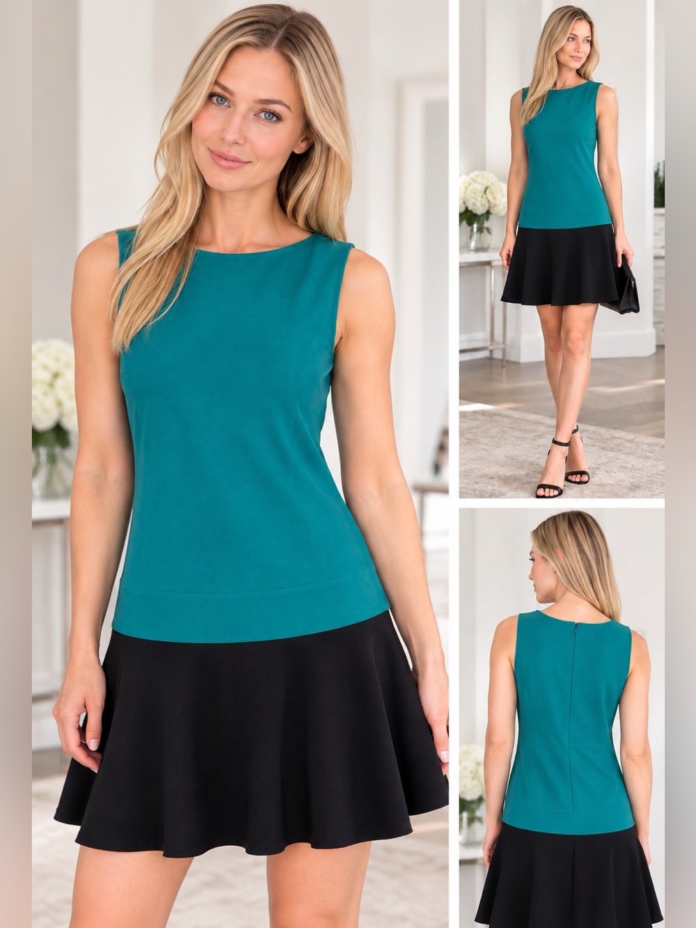 LOFT Teal and Black Sleeveless Fit-and-Flare Dress Size 2